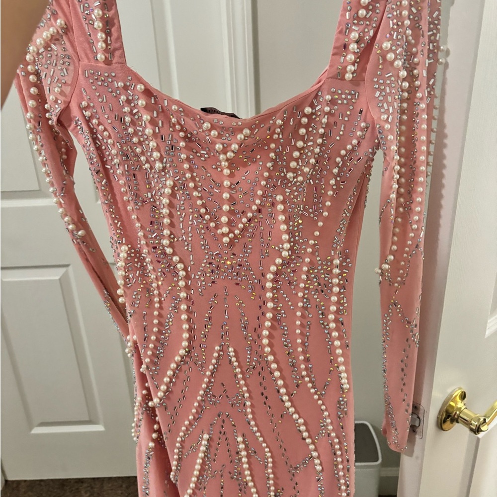 Beautiful pink embellished long sleeve dress with pearl detailing